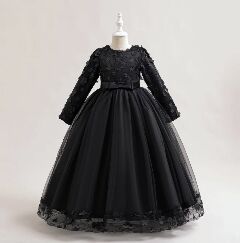 Sunny Black Floral Lace Long Sleeve Girls Party Dress - Tea Length Junior Bridesmaid Dress