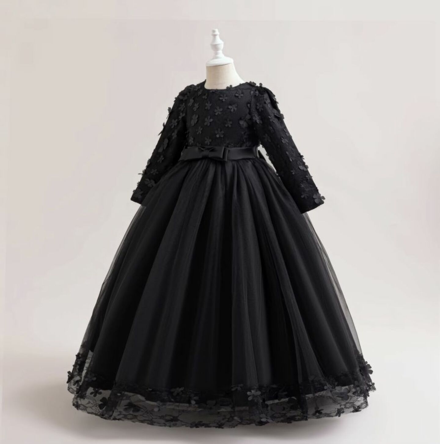 Sunny Black Floral Lace Long Sleeve Girls Party Dress - Tea Length Junior Bridesmaid Dress