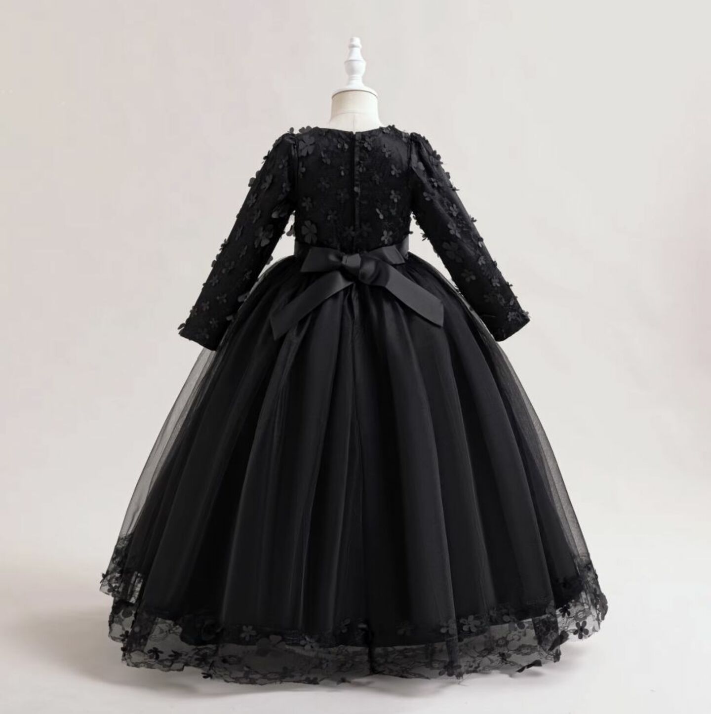 Sunny Black Floral Lace Long Sleeve Girls Party Dress - Tea Length Junior Bridesmaid Dress