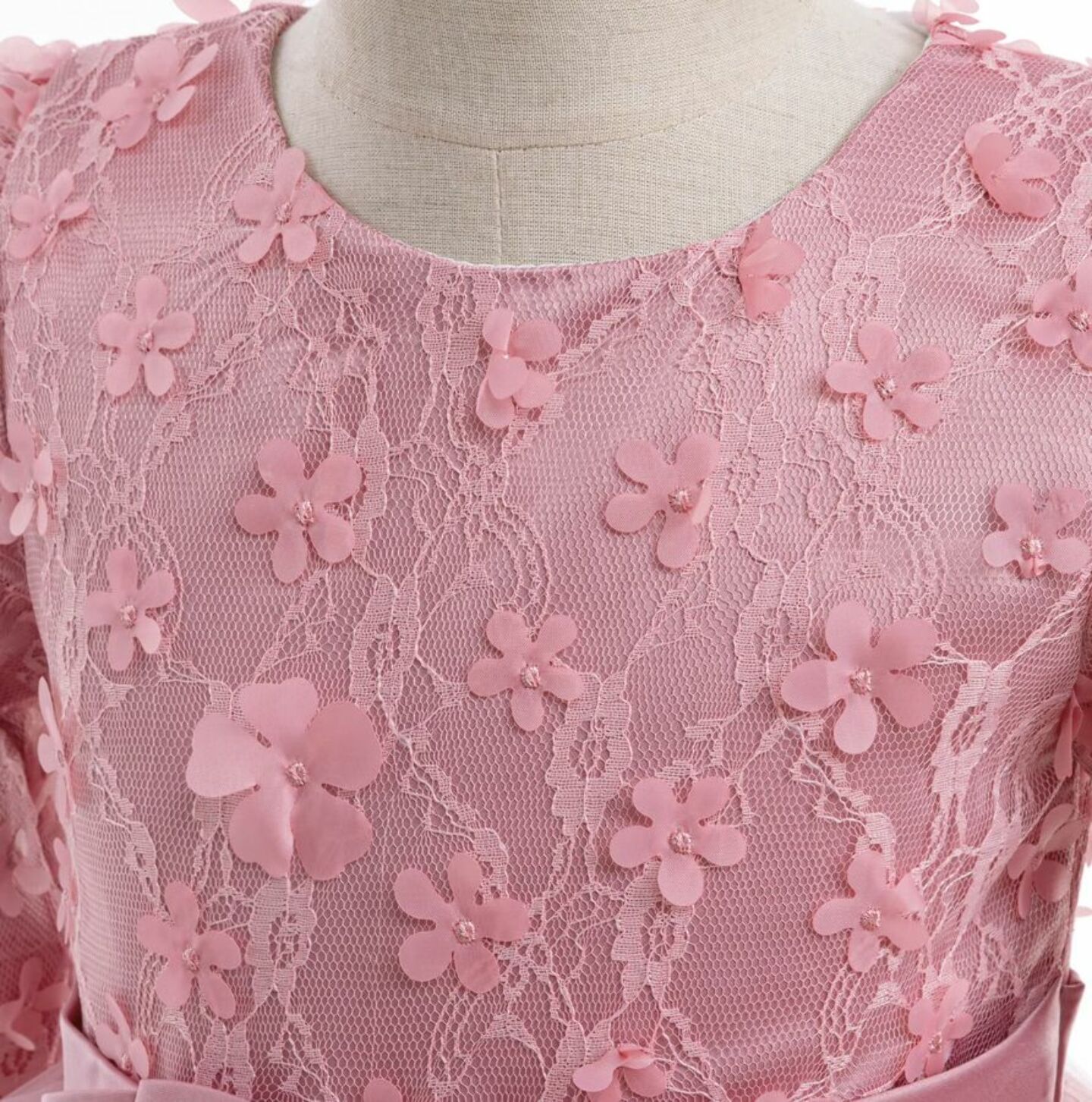 Sunny Dusty Pink Floral Lace Long Sleeve Girls Party Dress - Tea Length Junior Bridesmaid Dress