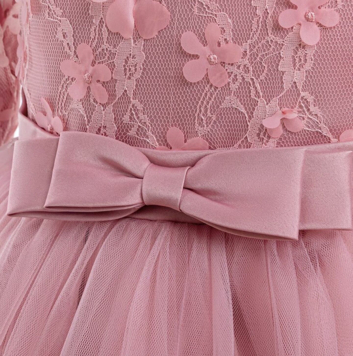 Sunny Dusty Pink Floral Lace Long Sleeve Girls Party Dress - Tea Length Junior Bridesmaid Dress