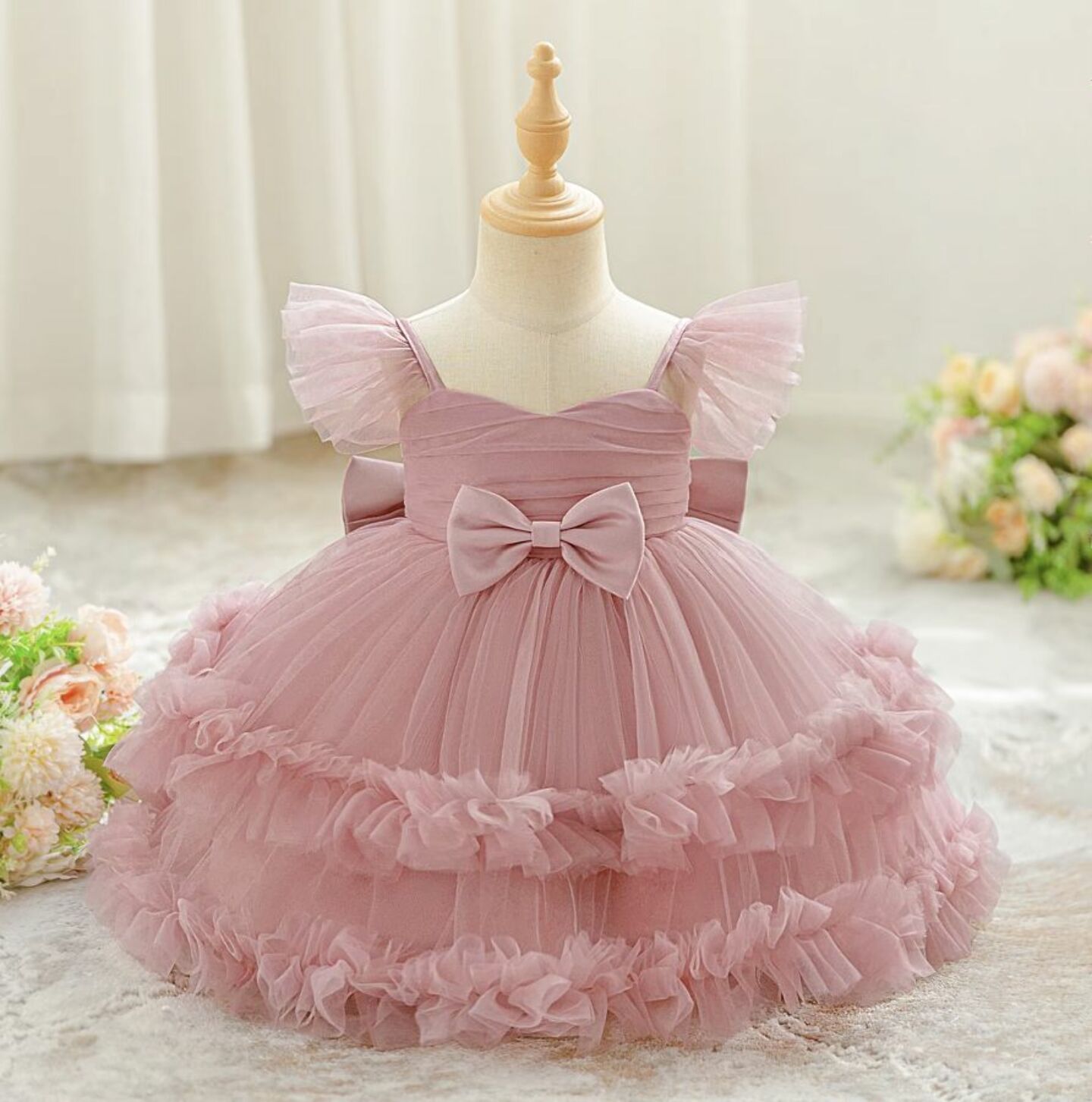 Lopez Dusty Pink Ruffled Tulle Baby Party Dress - Knee Length Birthday & Special Occasion Dress