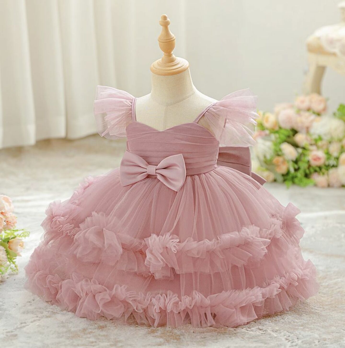 Lopez Dusty Pink Ruffled Tulle Baby Party Dress - Knee Length Birthday & Special Occasion Dress