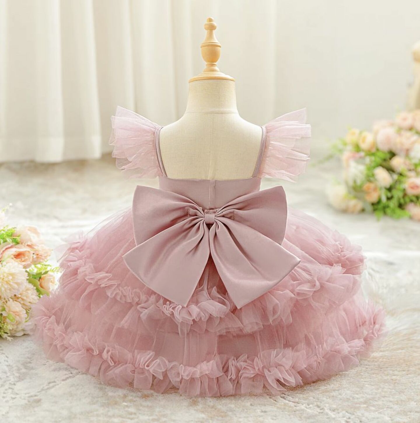 Lopez Dusty Pink Ruffled Tulle Baby Party Dress - Knee Length Birthday & Special Occasion Dress