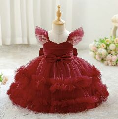 Lopez Maroon Ruffled Tulle Baby Party Dress - Knee Length Birthday & Special Occasion Dress