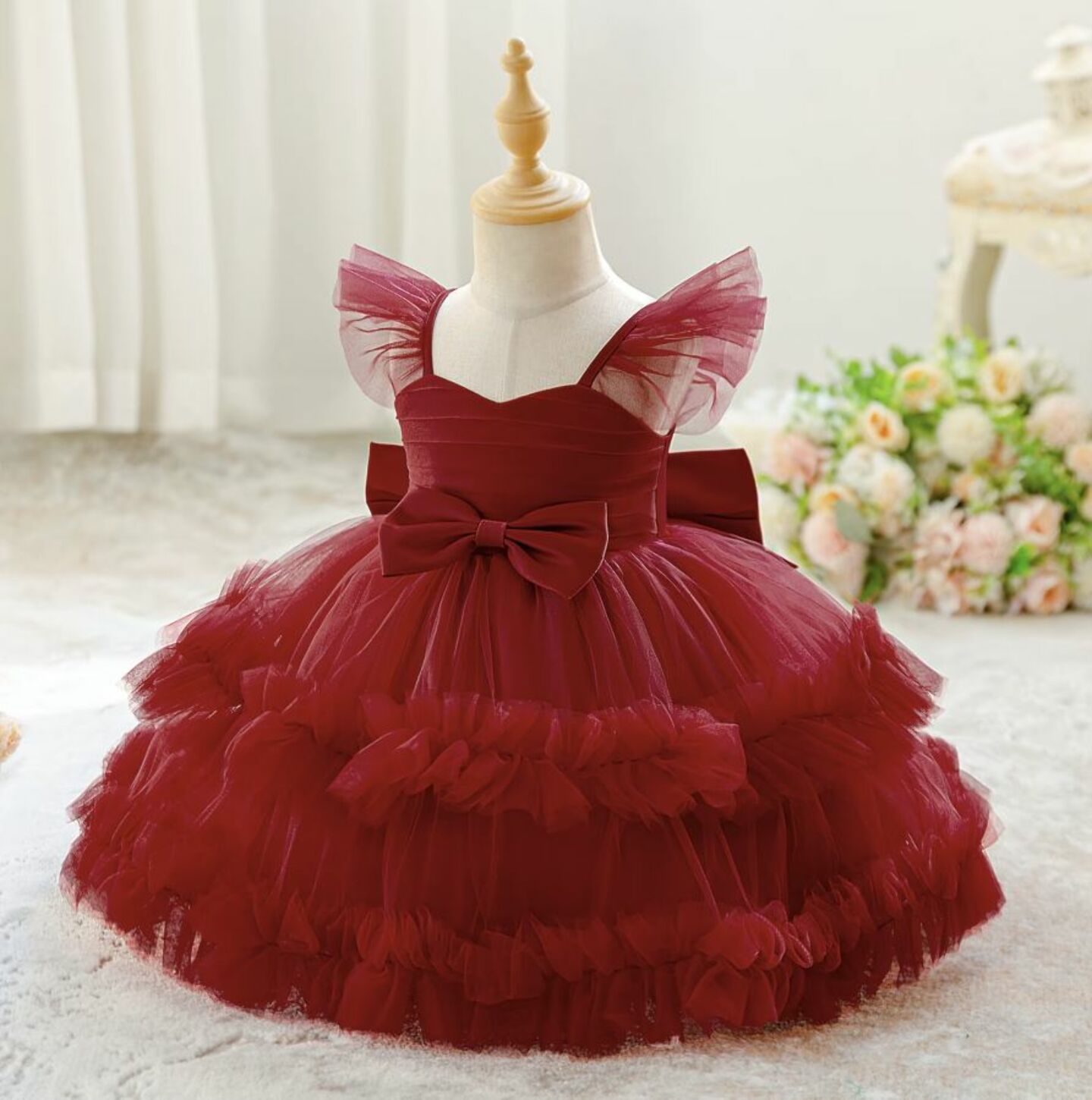Lopez Maroon Ruffled Tulle Baby Party Dress - Knee Length Birthday & Special Occasion Dress