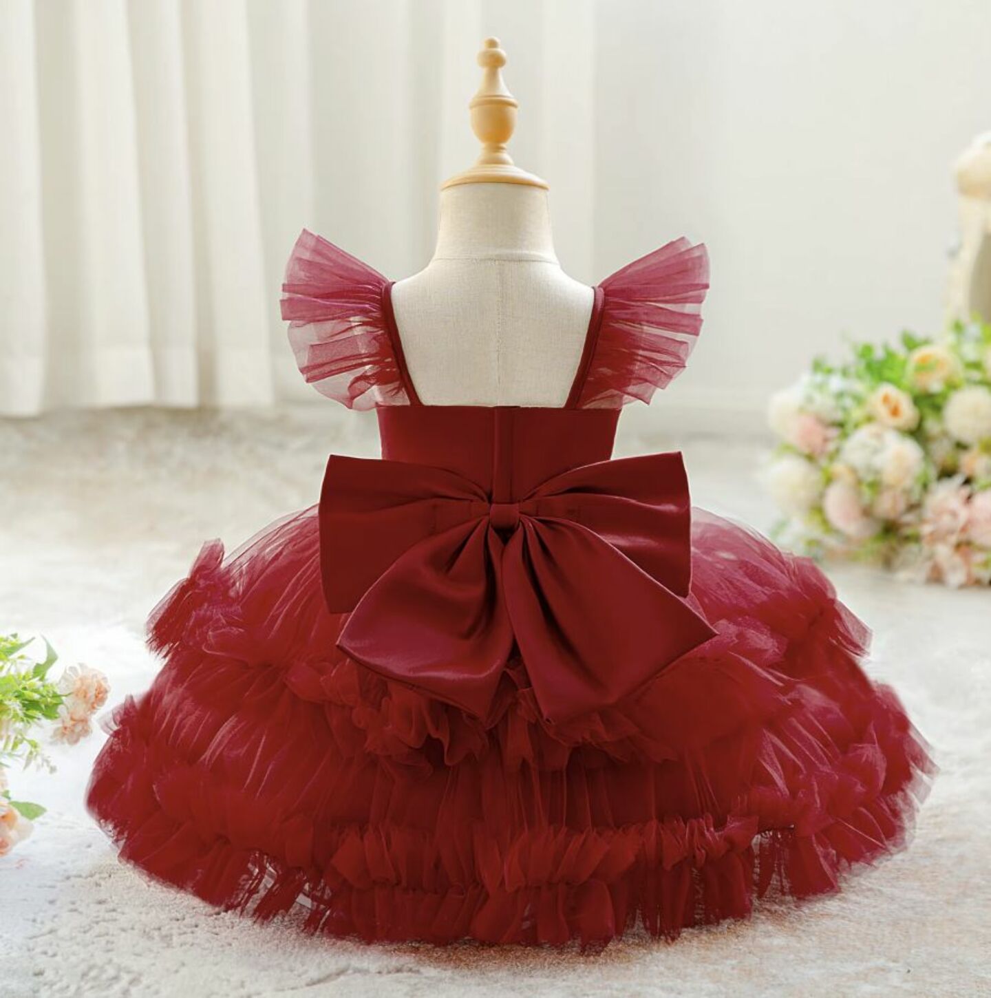 Lopez Maroon Ruffled Tulle Baby Party Dress - Knee Length Birthday & Special Occasion Dress