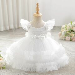 Lopez White Ruffled Tulle Baby Flower Girl Dress - Knee Length Christening & Party Dress