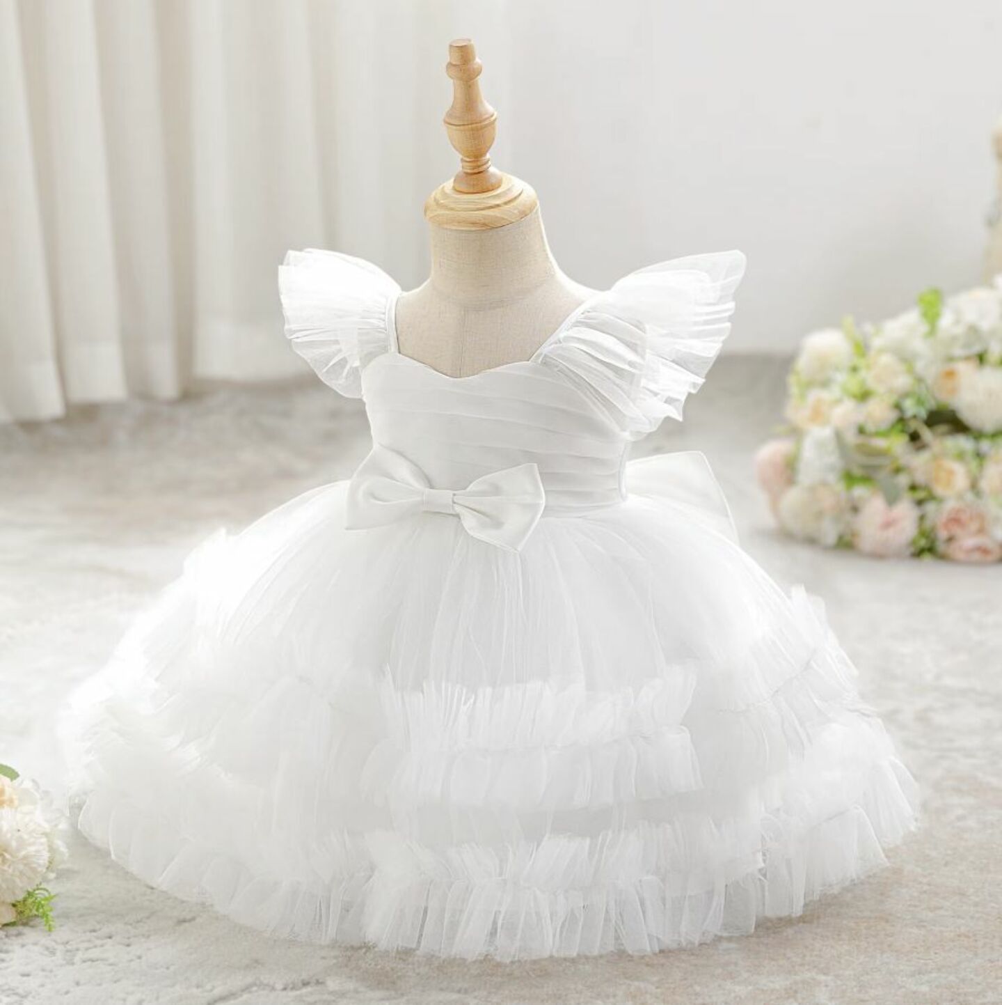 Lopez White Ruffled Tulle Baby Flower Girl Dress - Knee Length Christening & Party Dress