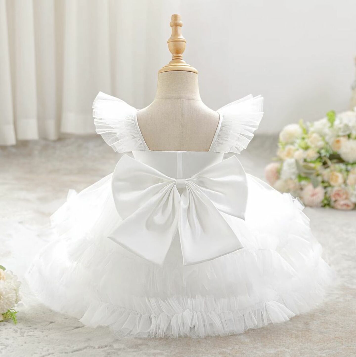 Lopez White Ruffled Tulle Baby Flower Girl Dress - Knee Length Christening & Party Dress