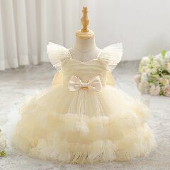 Lopez Champagne Ruffled Tulle Baby Party Dress - Knee Length Birthday & Special Occasion Dress