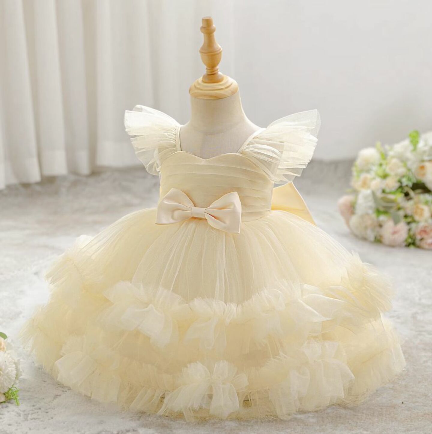 Lopez Champagne Ruffled Tulle Baby Party Dress - Knee Length Birthday & Special Occasion Dress