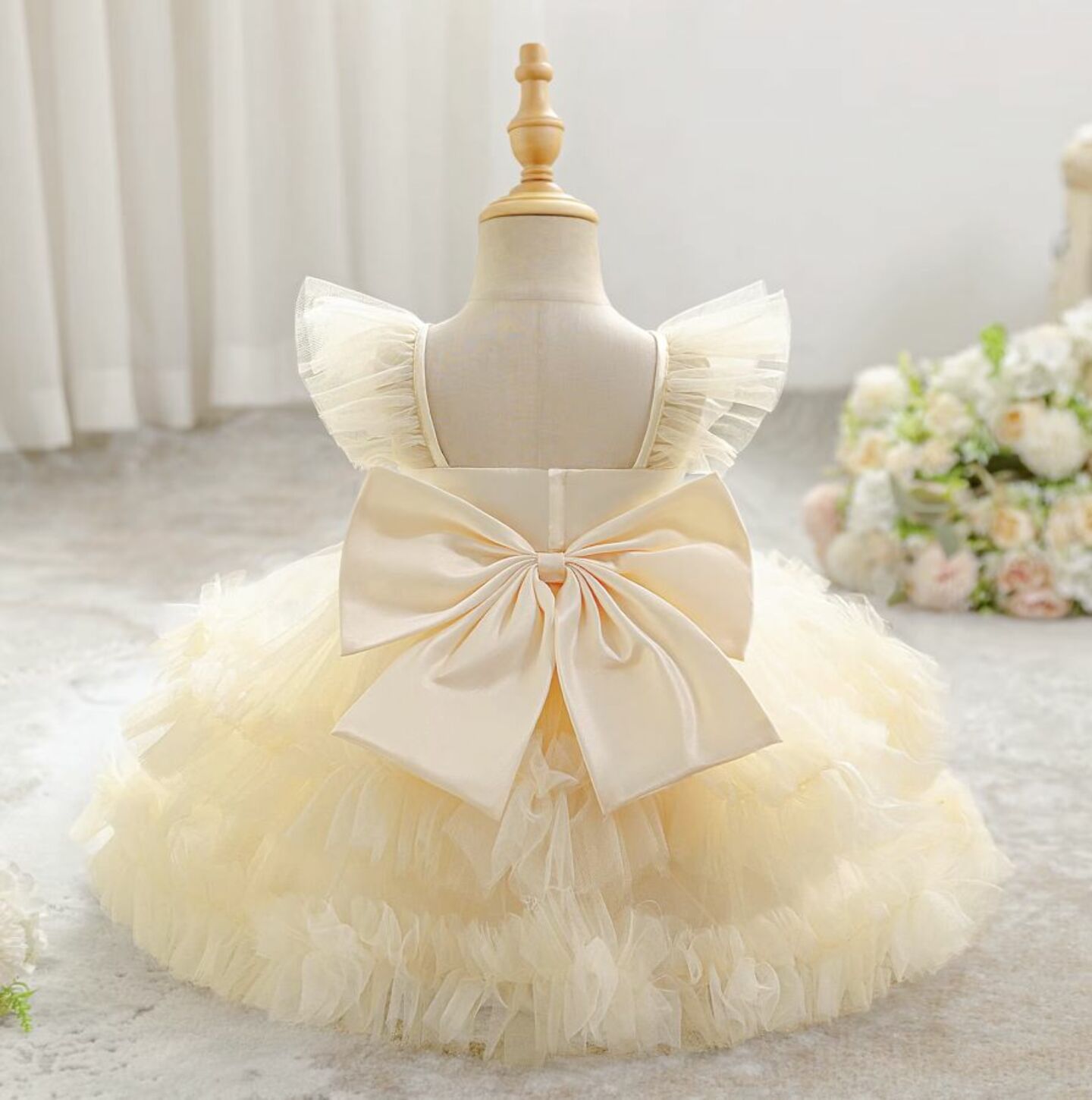 Lopez Champagne Ruffled Tulle Baby Party Dress - Knee Length Birthday & Special Occasion Dress