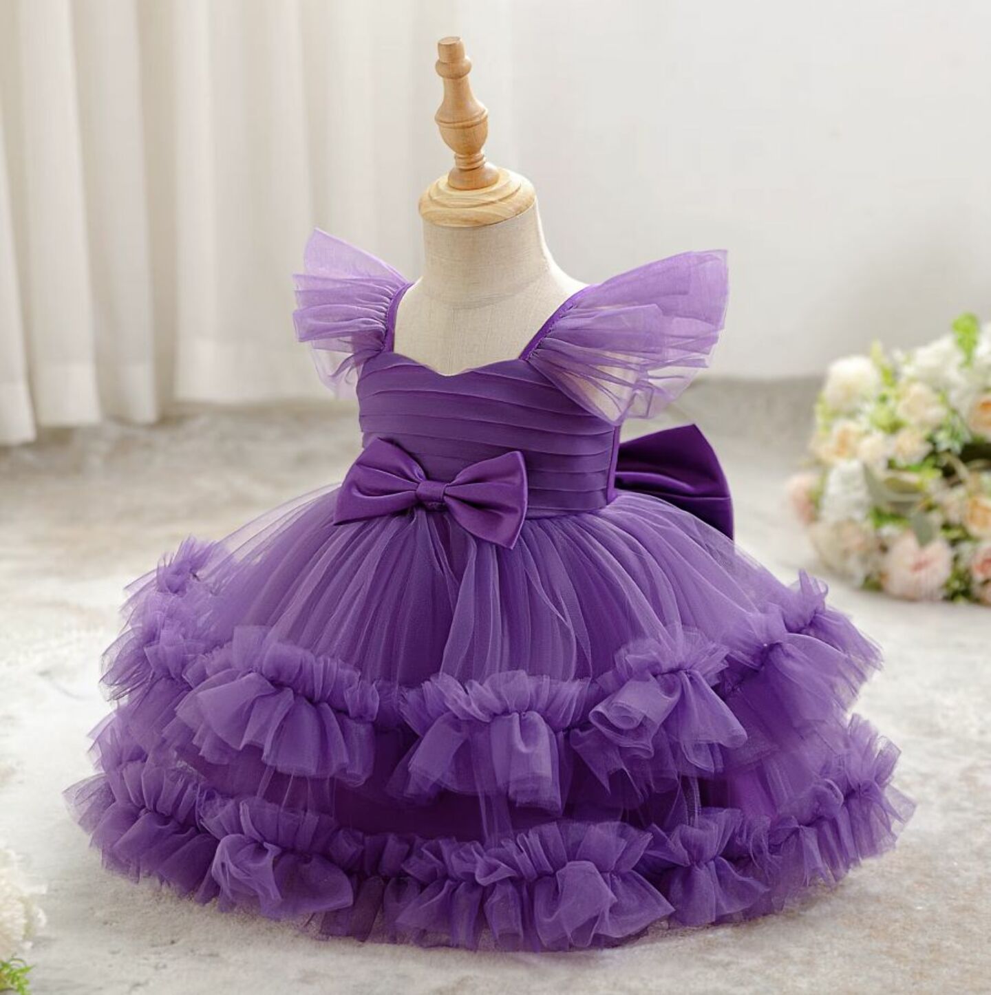 Lopez Purple Ruffled Tulle Baby Party Dress - Knee Length Birthday & Special Occasion Dress