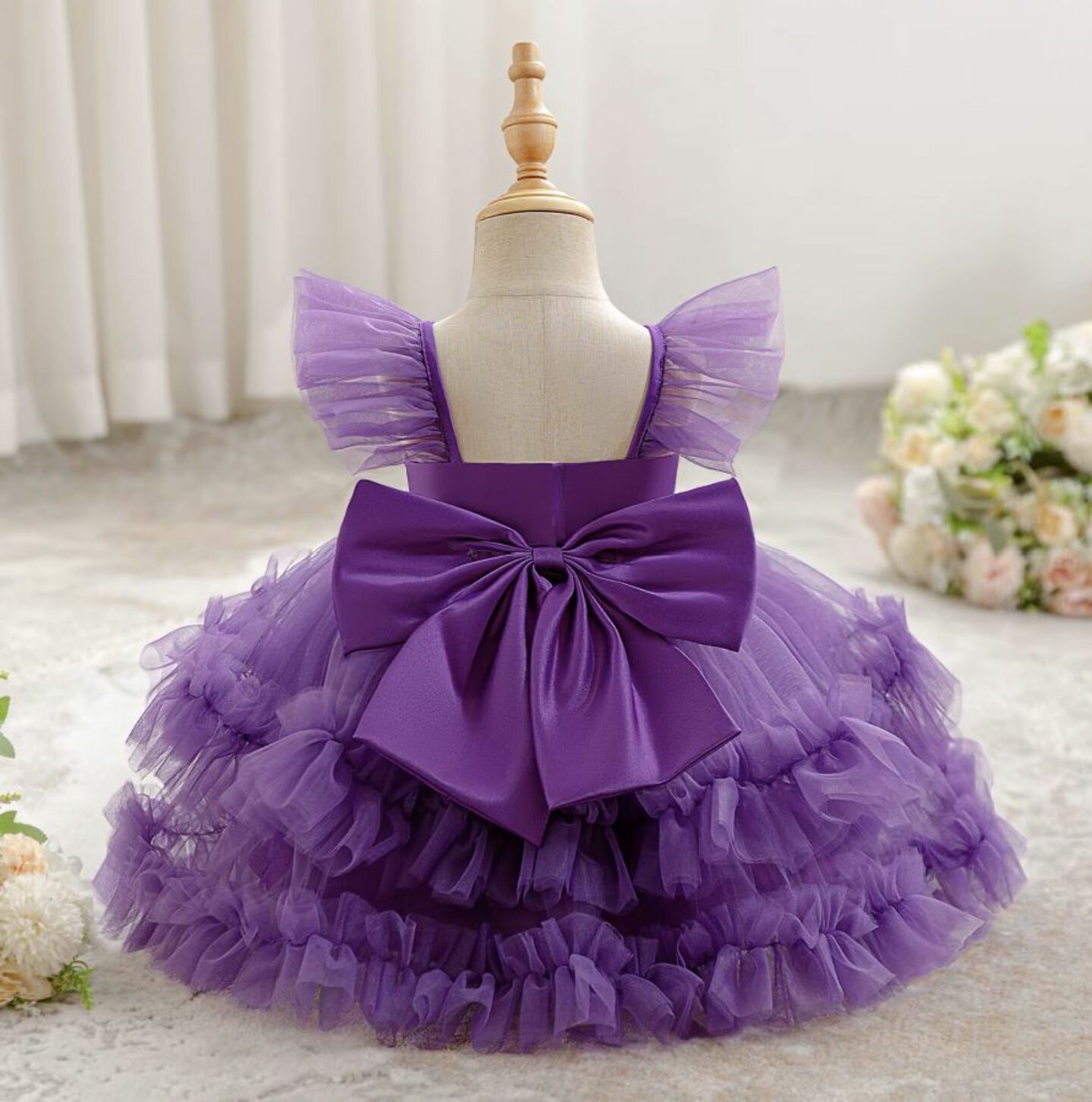Lopez Purple Ruffled Tulle Baby Party Dress - Knee Length Birthday & Special Occasion Dress