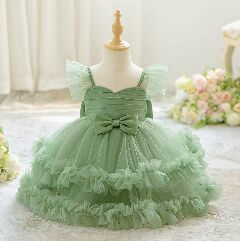 Lopez Sage Green Ruffled Tulle Baby Party Dress - Knee Length Birthday & Special Occasion Dress