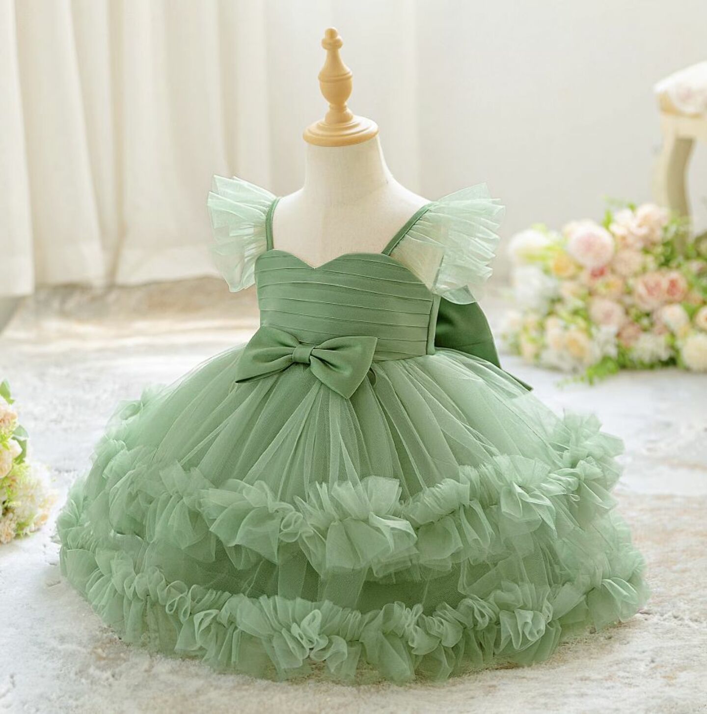 Lopez Sage Green Ruffled Tulle Baby Party Dress - Knee Length Birthday & Special Occasion Dress