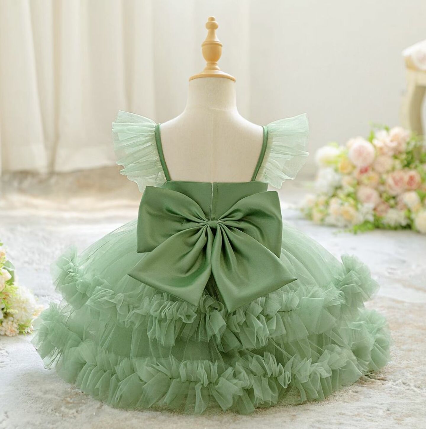Lopez Sage Green Ruffled Tulle Baby Party Dress - Knee Length Birthday & Special Occasion Dress