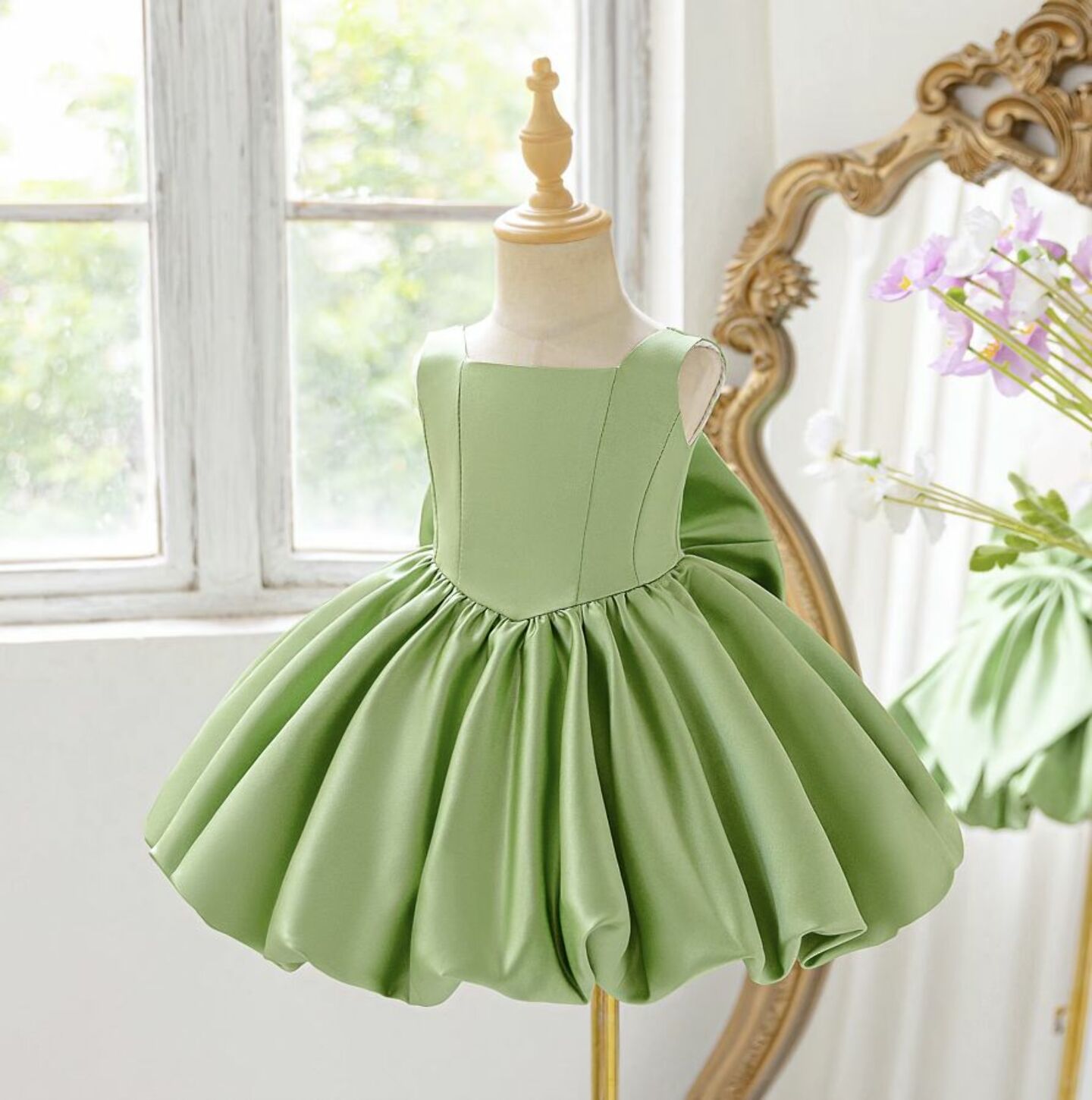 Kay II Green Satin Bubble Skirt Baby Party Dress with Back Bow