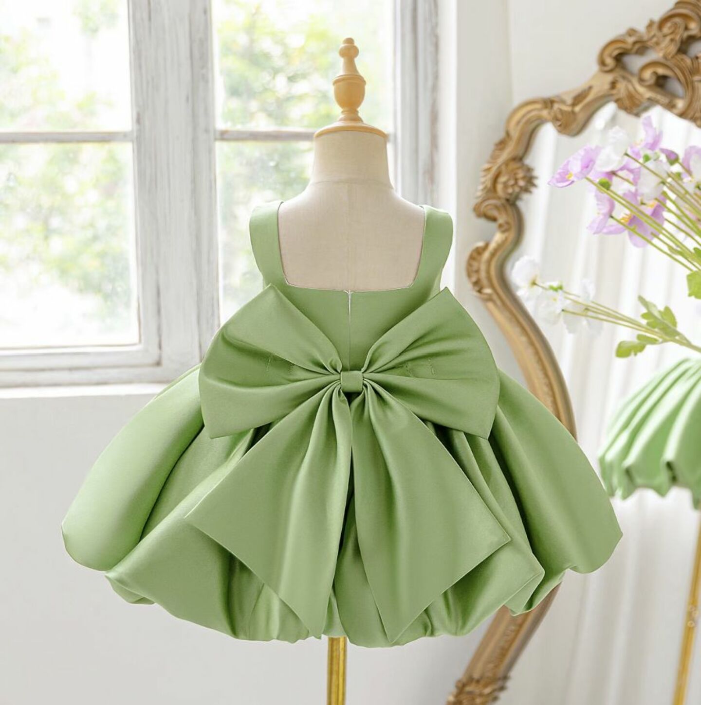 Kay II Green Satin Bubble Skirt Baby Party Dress with Back Bow