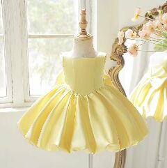 Kay II Yellow Satin Bubble Skirt Baby Party Dress with Back Bow