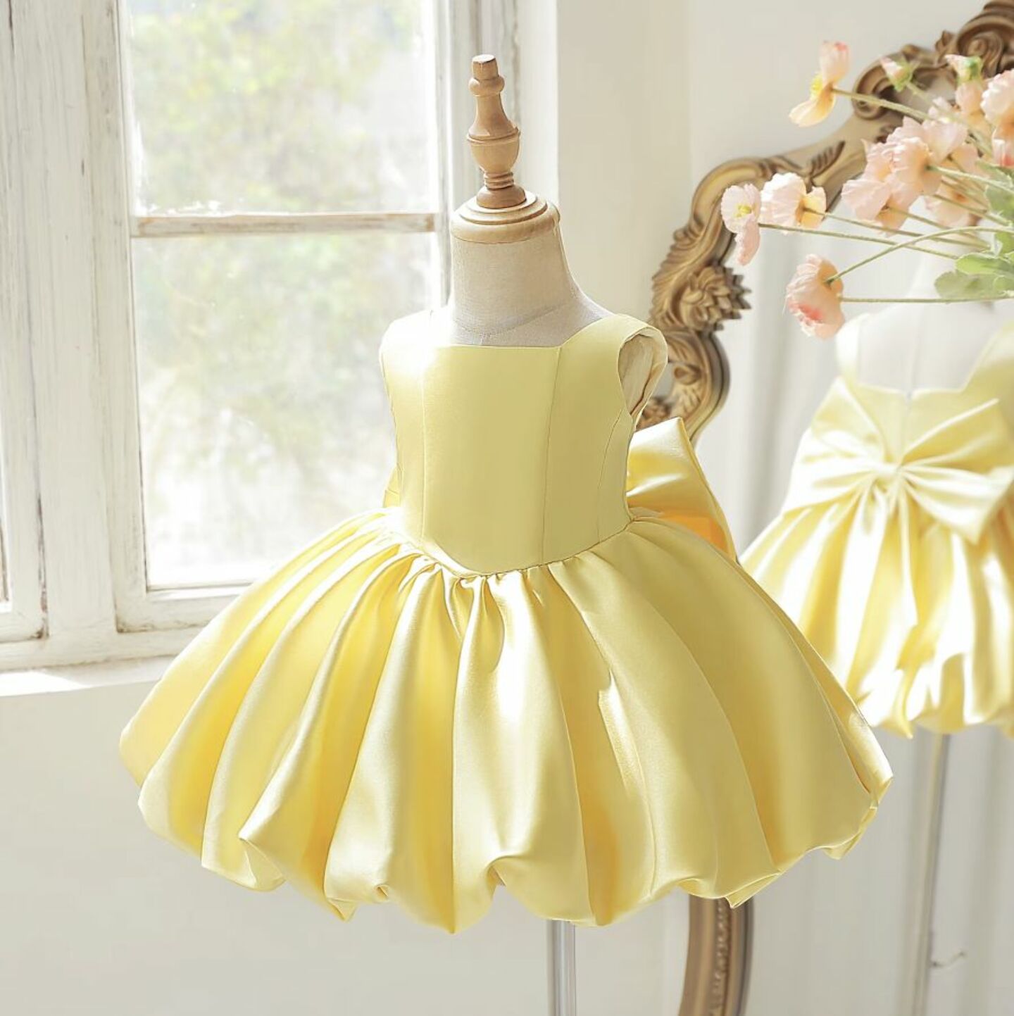 Kay II Yellow Satin Bubble Skirt Baby Party Dress with Back Bow