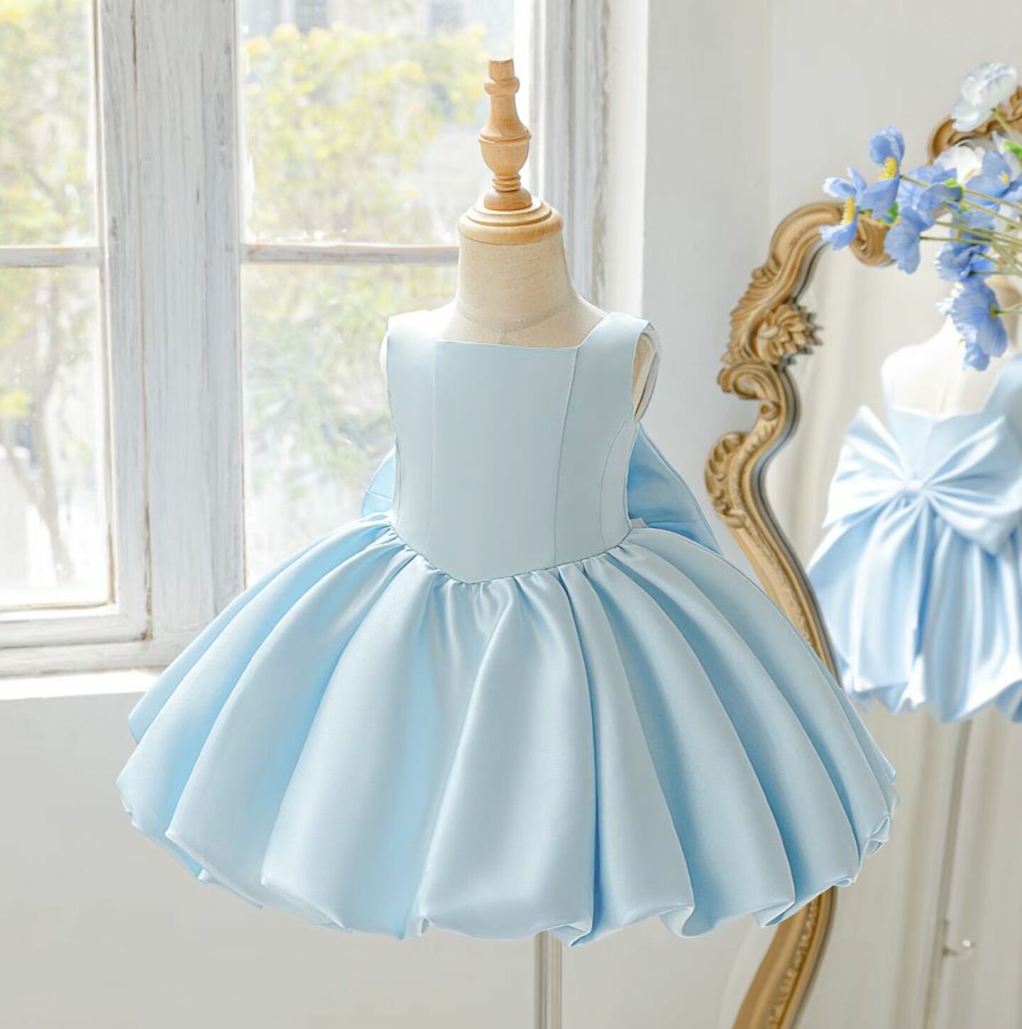 Kay II Light Blue Satin Baby Party Dress with Bubble Skirt