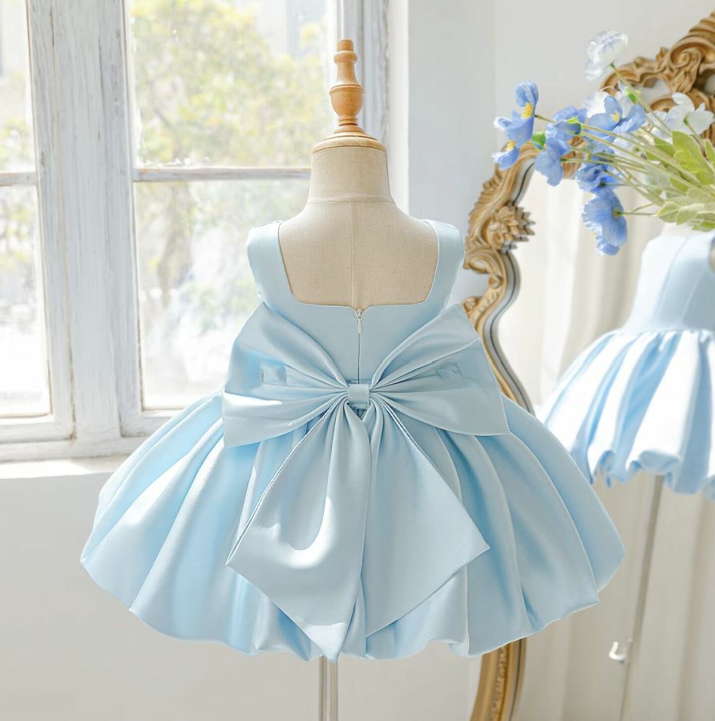 Kay II Light Blue Satin Baby Party Dress with Bubble Skirt
