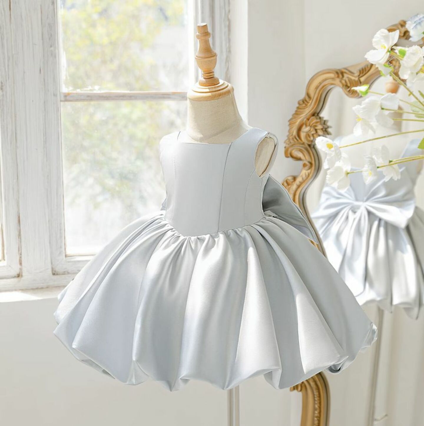 Kay II Grey Satin Baby Party Dress with Bubble Skirt