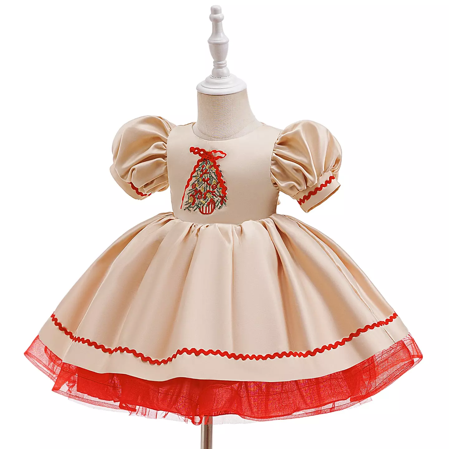 Xmas-5 Beige & Red Christmas Tree Baby Girls Party Dress | Lucys