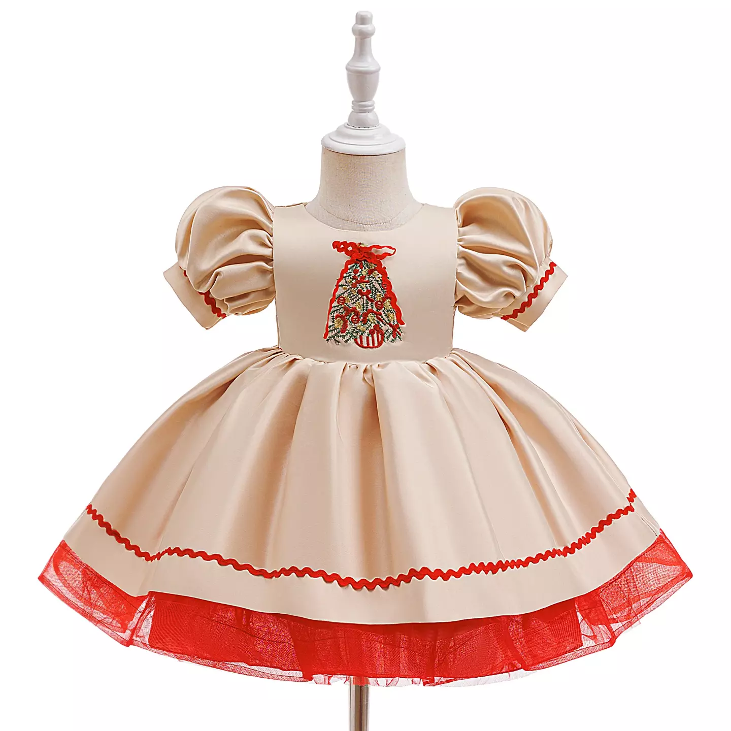 Xmas-5 Beige & Red Christmas Tree Baby Girls Party Dress | Lucys