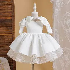 Tzuyu White Satin Bow Shoulder Flower Girl Dress | Lucys