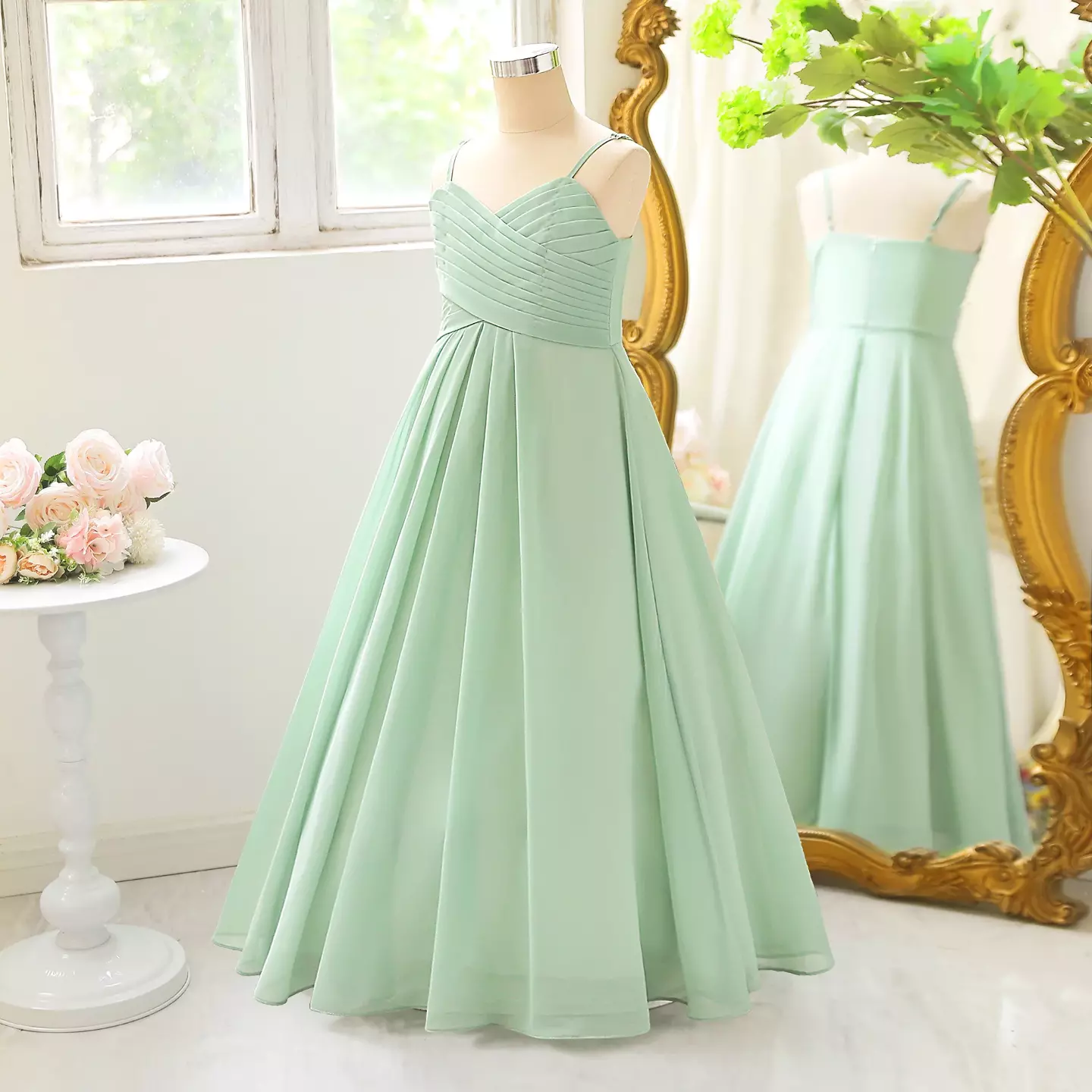 Lalisa Sage Green Pleated Crossover Girls Junior Bridesmaid Dress | Lucys