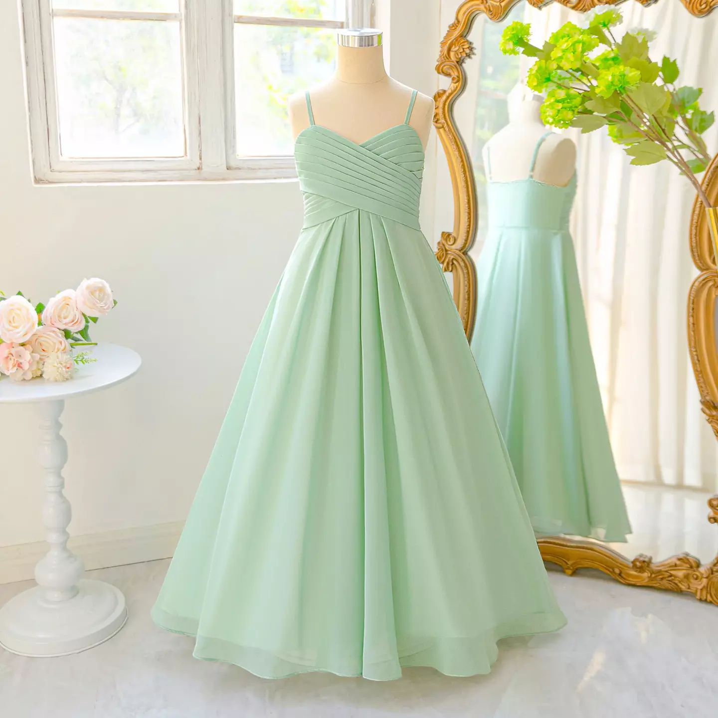 Lalisa Sage Green Pleated Crossover Girls Junior Bridesmaid Dress | Lucys