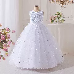 Hanni White Sparkle Tulle Girls Tea Length Flower Girl Dress | Lucys