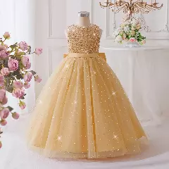 Hanni Beige Glitter Tulle Girls Tea Length Bridesmaid Dress | Lucys