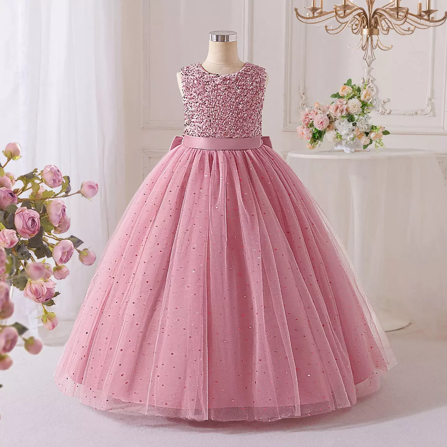 Hanni Dusty Pink Satin Bow Girls Tea Length Bridesmaid Dress | Lucys