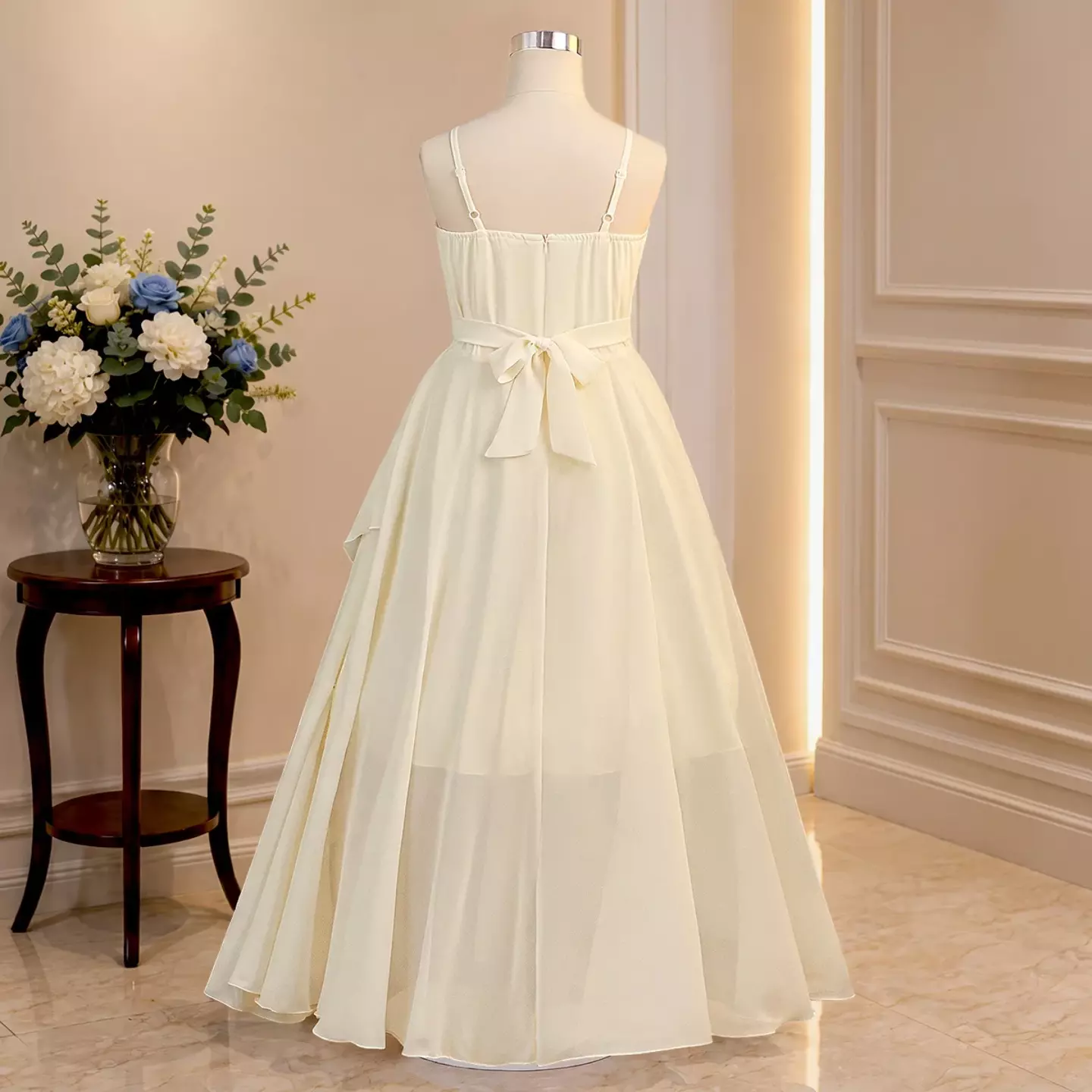 Lalisa II Ivory Sash Tie Girls Flower Girl Chiffon Dress | Lucys
