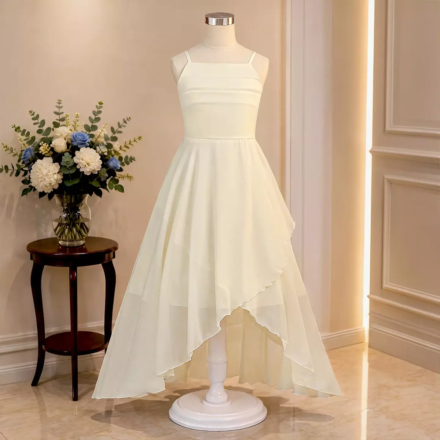 Lalisa II Ivory Sash Tie Girls Flower Girl Chiffon Dress | Lucys
