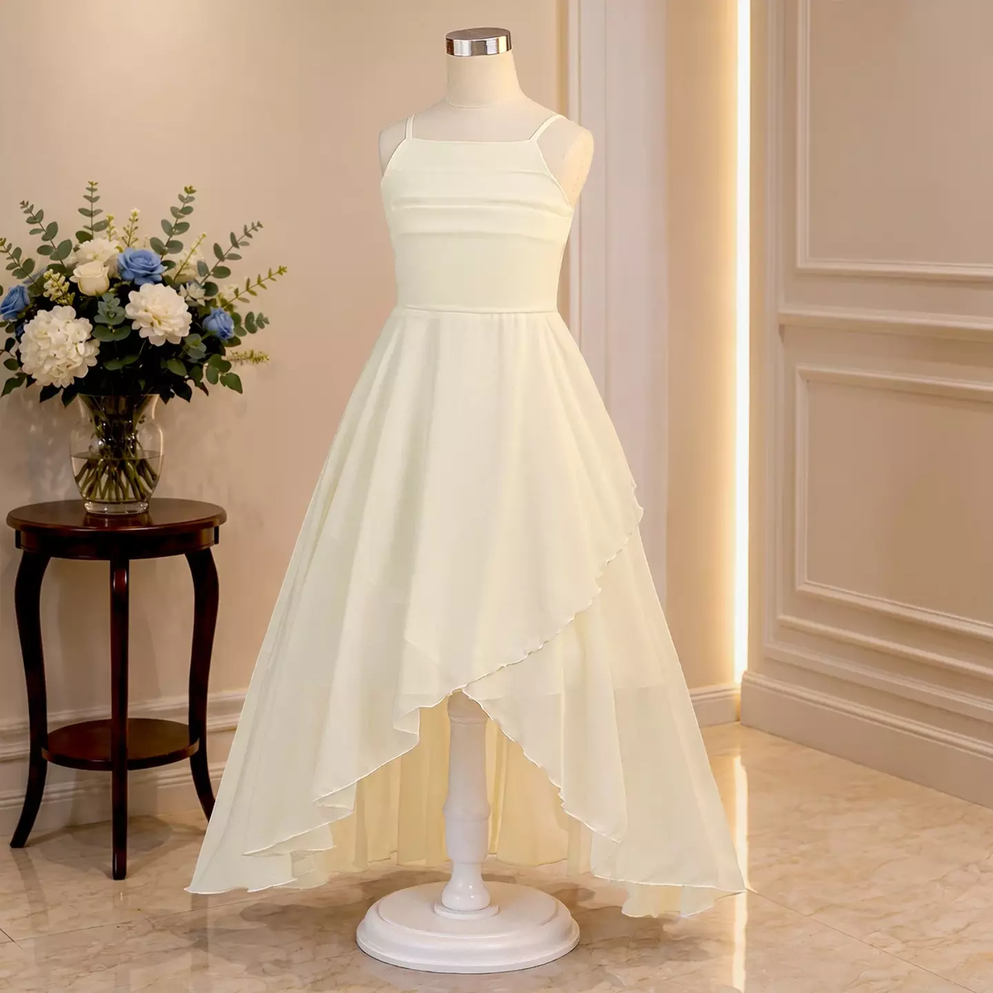Lalisa II Ivory Sash Tie Girls Flower Girl Chiffon Dress | Lucys