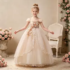 Roseanne II Champagne Sequin Leaf Applique Girls Ball Gown | Lucys