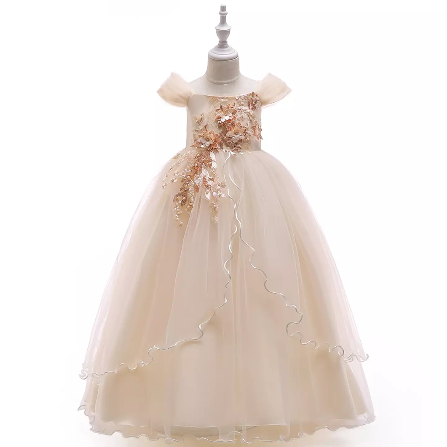 Roseanne II Champagne Sequin Leaf Applique Girls Ball Gown | Lucys