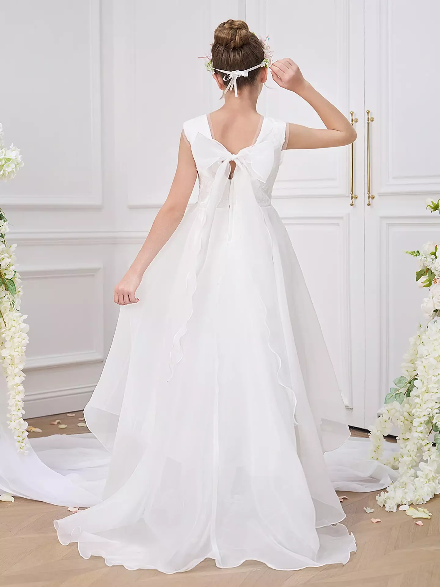 Joanna White Organza Girls Flower Girl Dress with Sweeping Tail | Lucys