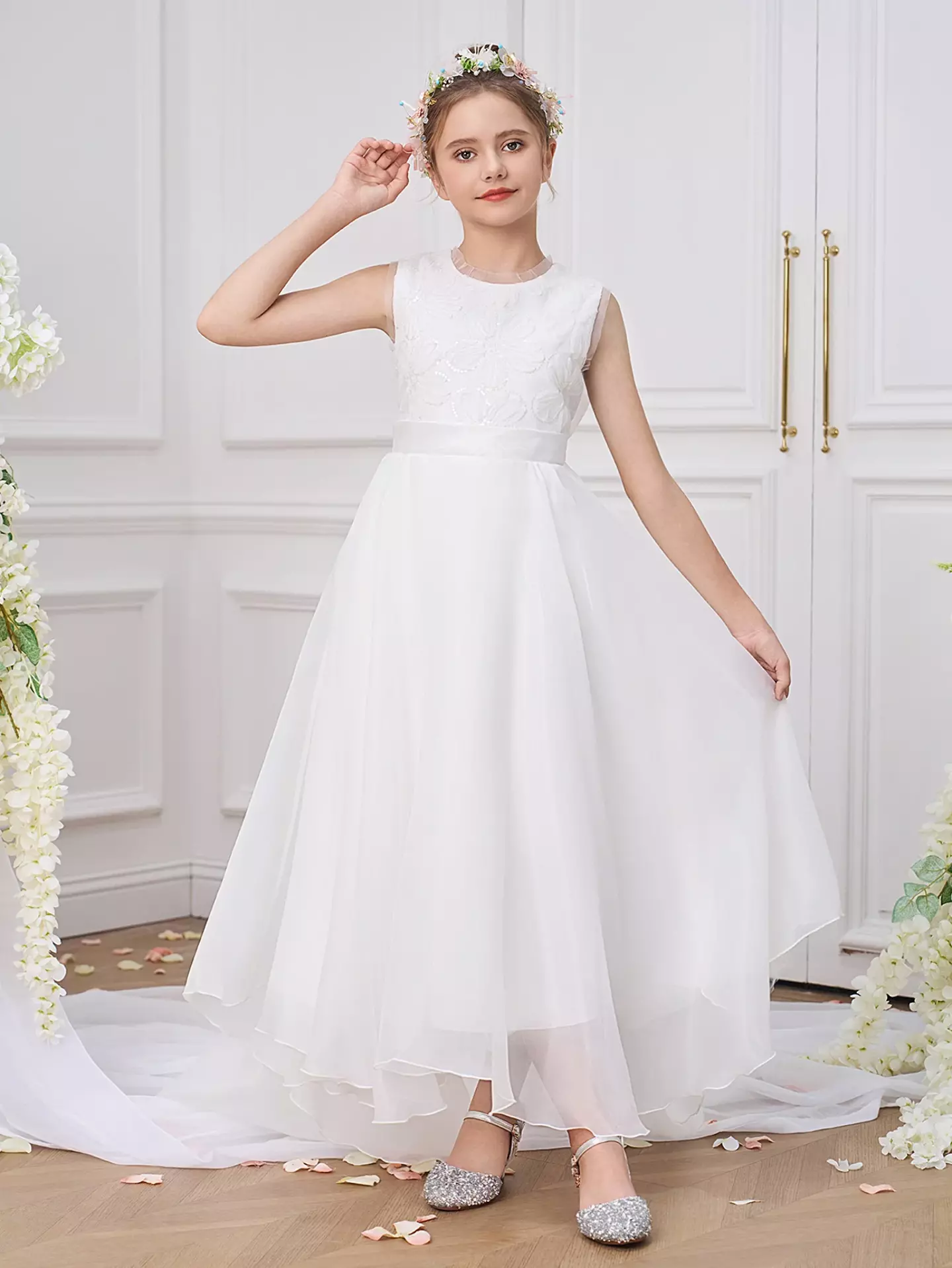 Joanna White Organza Girls Flower Girl Dress with Sweeping Tail | Lucys