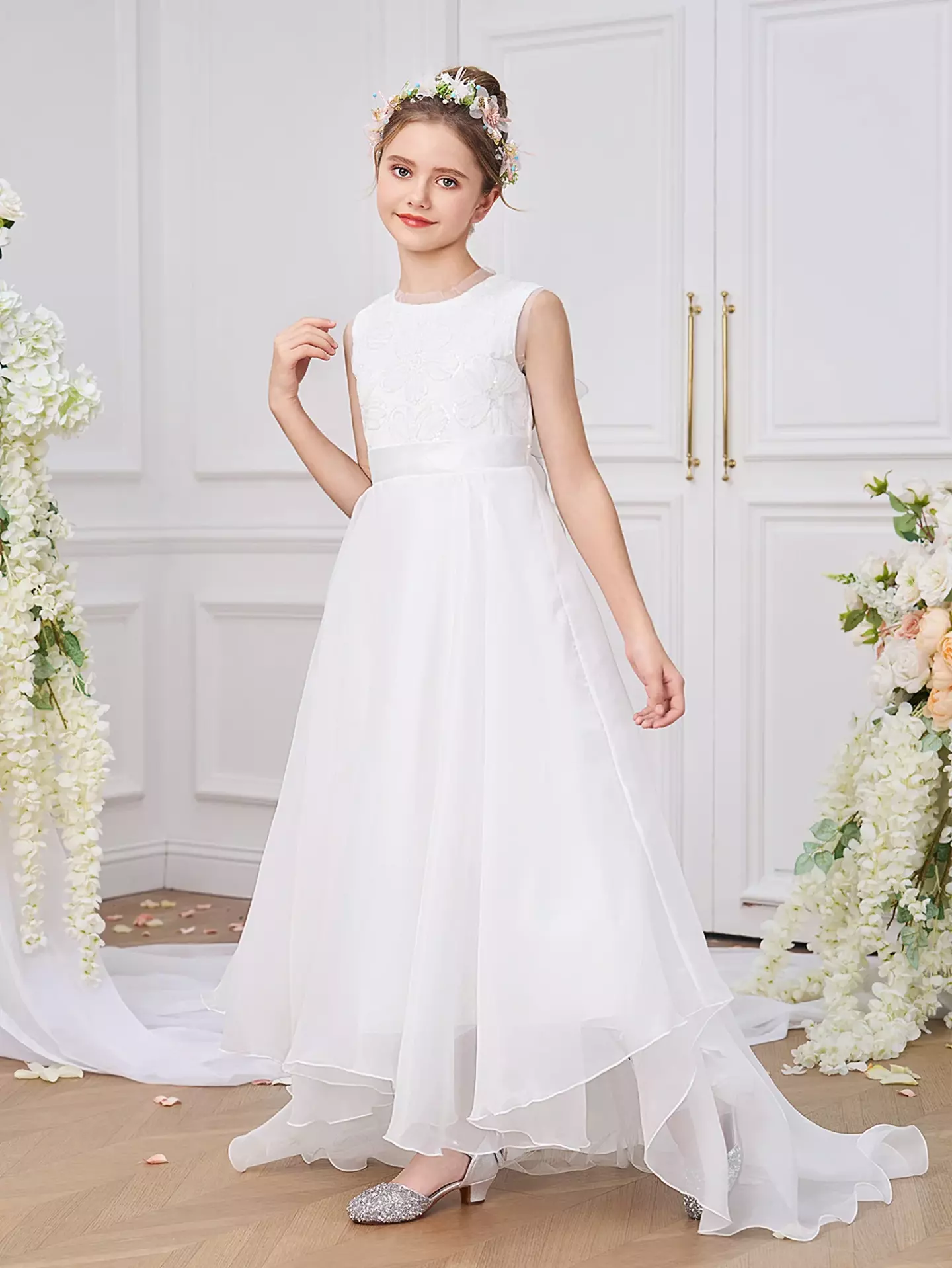 Joanna White Organza Girls Flower Girl Dress with Sweeping Tail | Lucys