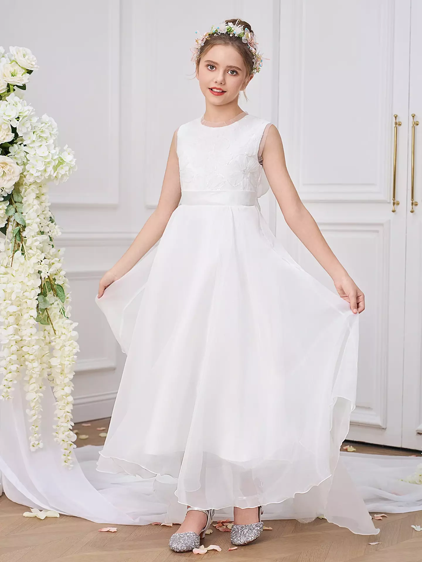 Joanna White Organza Girls Flower Girl Dress with Sweeping Tail | Lucys