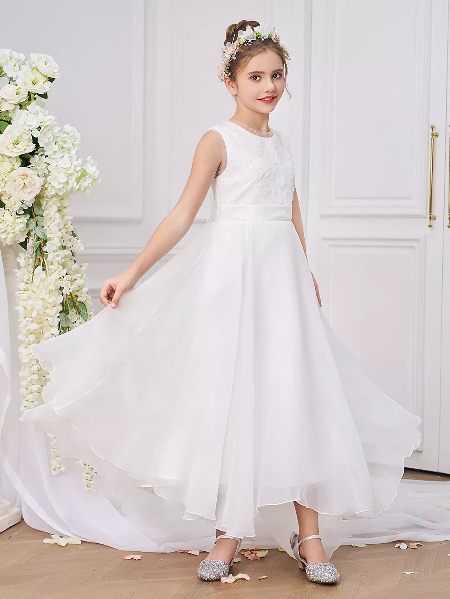 Joanna White Organza Girls Flower Girl Dress with Sweeping Tail | Lucys