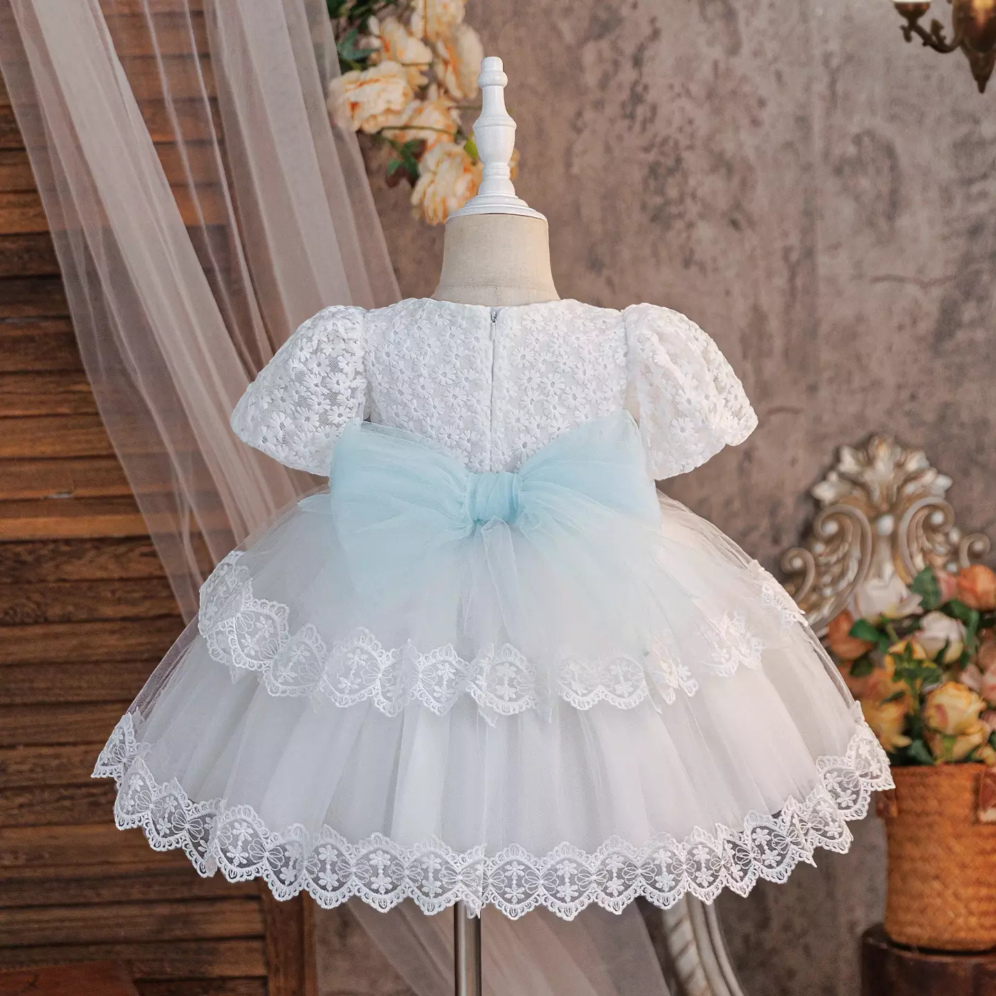 Minnie White Scalloped Lace Tiered Tulle Baby Flower Girl Dress - Tea Length with Blue Sash