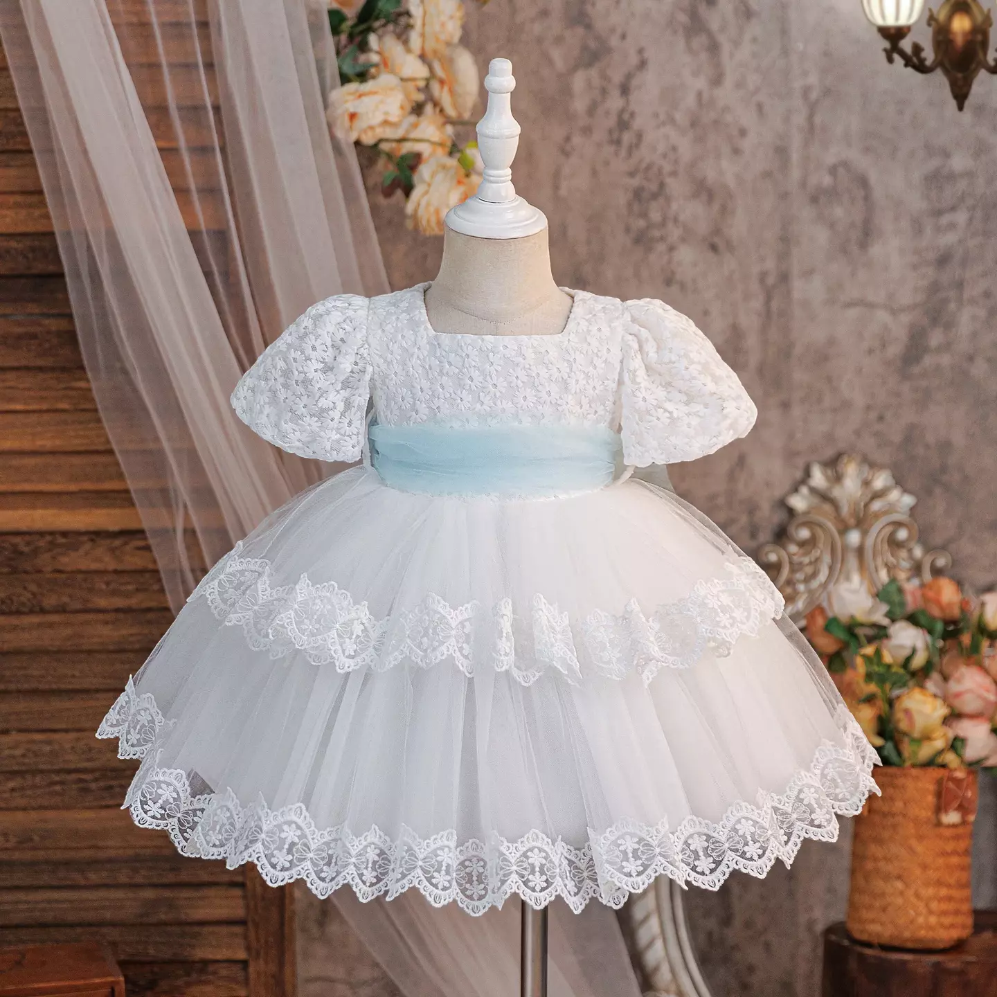 Minnie White Scalloped Lace Tiered Tulle Baby Flower Girl Dress - Tea Length with Blue Sash
