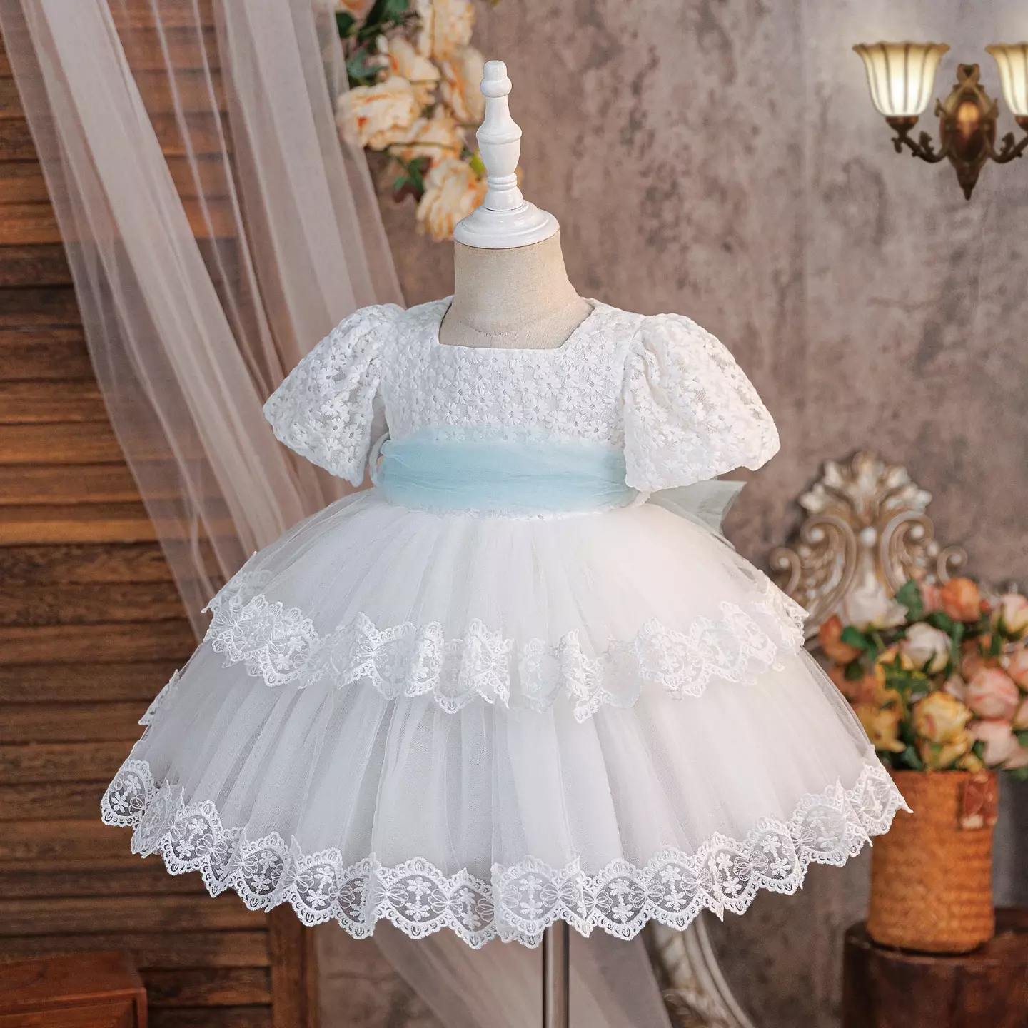 Minnie White Scalloped Lace Tiered Tulle Baby Flower Girl Dress - Tea Length with Blue Sash